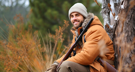 Handsome hunter sitting near tree in autumn forest, focus on gun