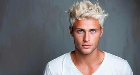 Portrait of a handsome young man with blond hair in studio.
