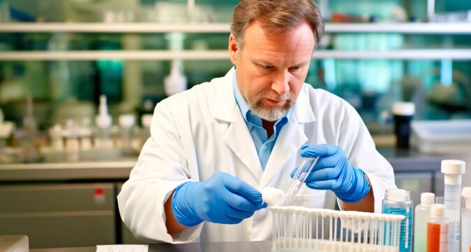 Senior male researcher carrying out scientific research in a lab (shallow DOF; color toned image)