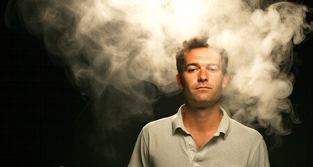 Portrait of a young man smoking electronic cigarette on black background.