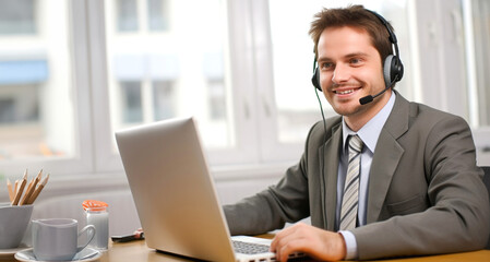 Obraz premium Portrait of a smiling young businessman working at his desk in an office