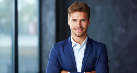 Portrait of handsome young businessman standing in office, looking at camera.