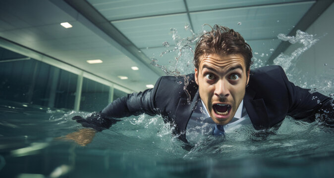 Scared businessman swimming in the pool with water splashes around him - Powered by Adobe
