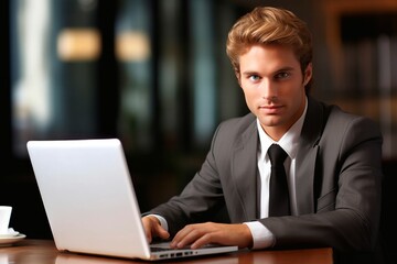 Fototapeta na wymiar Portrait of a handsome young businessman sitting at the table with laptop