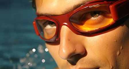 Gordijnen Close-up portrait of a young beautiful girl in red glasses in the pool © YannTouvay