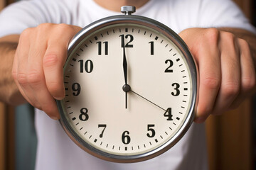 Man holding alarm clock in hands, closeup. Time management concept