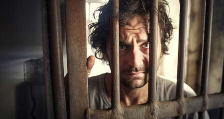 Portrait of a man in prison behind bars looking at the camera