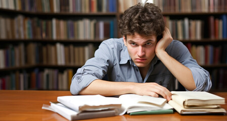 Portrait of a young male student studying in the library. Selective focus.