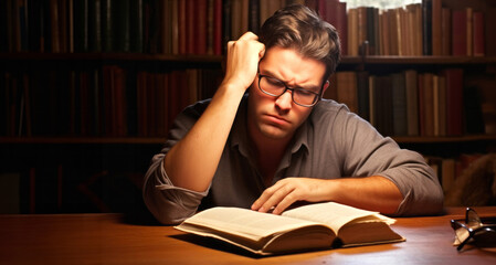 Stressed young man reading a book in library. Education concept.