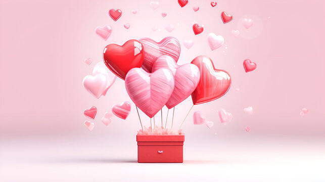 a pink heart shaped balloons and a box  gift box with balloons generative ai    Wrapped gift balloons helium on birthday background image