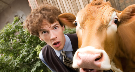 Scared young businessman looking at a cow in a barnyard.