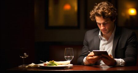 Handsome young man sitting in a restaurant and using a mobile phone