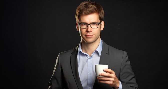 Portrait of a young businessman holding a cup of coffee on black background
