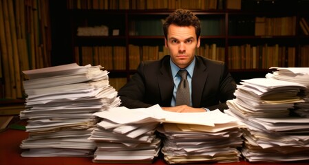 Businessman sitting at his desk with piles of paperwork in the office