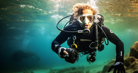 Underwater portrait of a male scuba diver looking at camera.