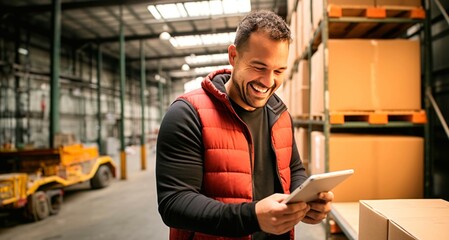 Portrait of a smiling male warehouse worker using digital tablet in warehouse - Powered by Adobe