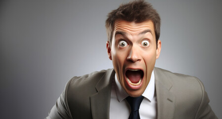 Portrait of a young businessman with wide open mouth on grey background