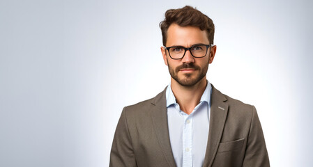 Handsome business man with glasses on grey background. Success and leadership concept.