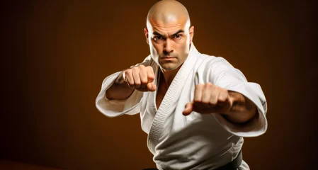 Foto op Plexiglas Martial arts fighter on a brown background. Martial arts concept. © YannTouvay