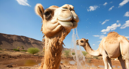 Camels drink water from a hot spring in the desert of Morocco