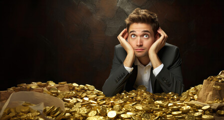 Portrait of a young businessman sitting on a pile of gold coins