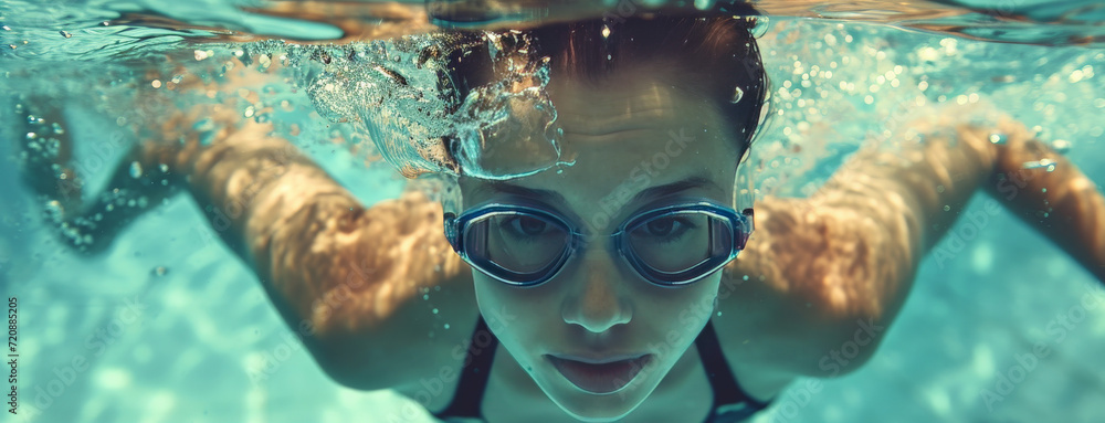 Wall mural Female swimmer at the swimming pool.Underwater