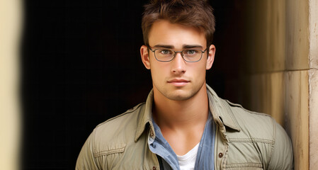Fototapeta premium Portrait of a handsome young man in glasses and a green jacket