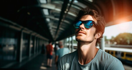 Portrait of a handsome young man in blue sunglasses on the train station.