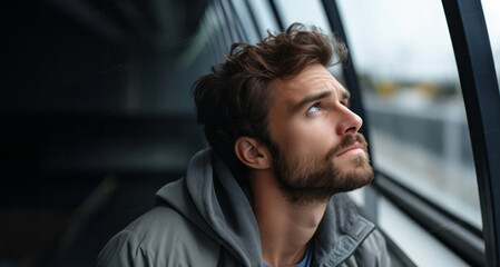Fototapeta premium portrait of handsome bearded man looking away while sitting on window seat