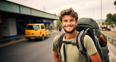 Fototapeta na wymiar Portrait of a smiling young man with backpack standing on the street