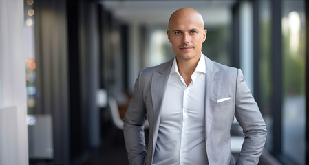 Portrait of a handsome bald man in a business suit looking at the camera