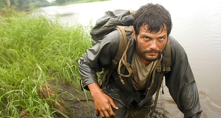 Obraz premium Portrait of a young man in a raincoat with a backpack crossing a river