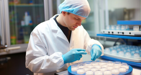 Scientist working in laboratory. Young male scientist in white coat and blue gloves working with dna test tubes