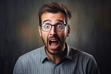 Portrait of a young man with glasses and a surprised expression on his face
