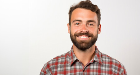 Handsome young man with beard and mustache in checkered shirt on white background