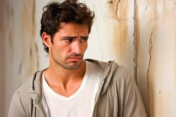 Fototapeta premium Portrait of a young man suffering from pain in the stomach.