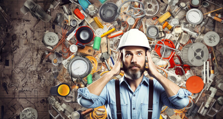 Portrait of a bearded man wearing a hard hat standing in front of a wall full of tools.