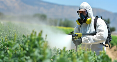 Man in hazmat suit spraying pesticides on field. Spraying pesticide in agriculture. - obrazy, fototapety, plakaty