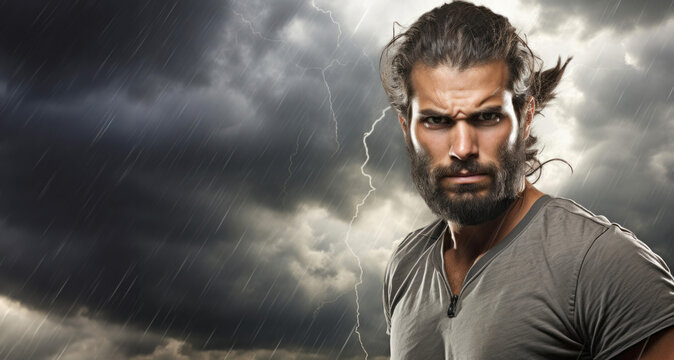 Muscular man against stormy sky with lightning and rainclouds