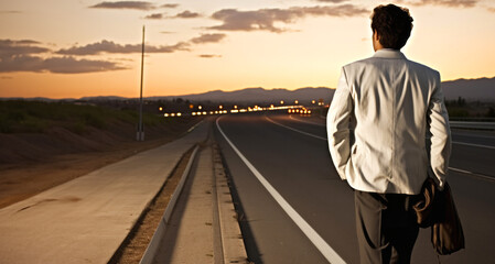 Rear view of a businessman standing on a highway in the evening