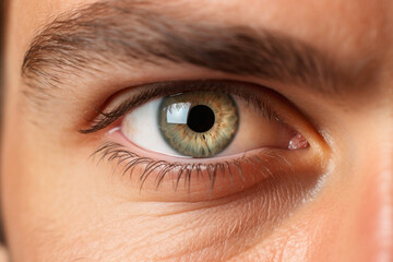 Close up of beautiful young man's eye, focus on the eye