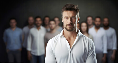 Portrait of a handsome man in front of a group of people - obrazy, fototapety, plakaty