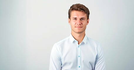 Portrait of a young business man with white shirt on grey background - obrazy, fototapety, plakaty