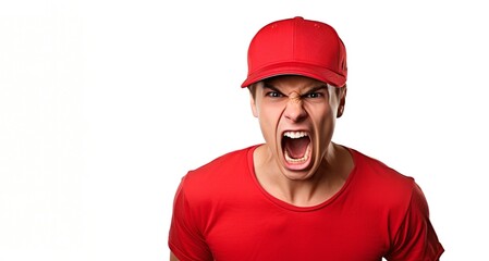 Angry man in red t-shirt and cap screaming isolated on white background