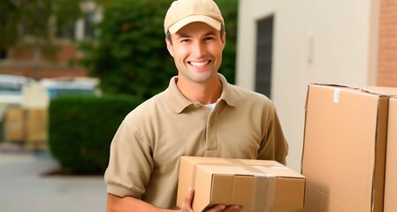 delivery man holding parcel box and smiling at camera on moving day