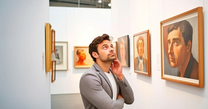 Handsome young man looking at paintings in art gallery. Portrait of thoughtful man looking at paintings in gallery.