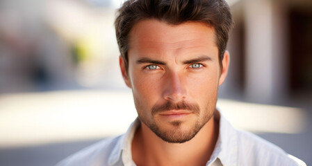 Obraz premium Portrait of a handsome young man with blue eyes in a white shirt