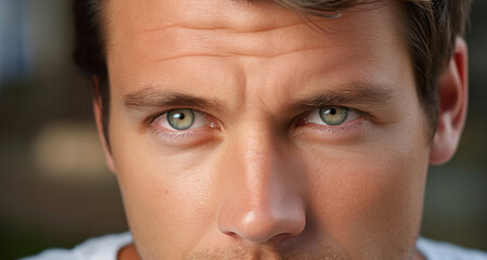 Close up portrait of a handsome young man with green eyes looking at camera