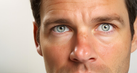 Close-up of a man's face with blue eyes looking up