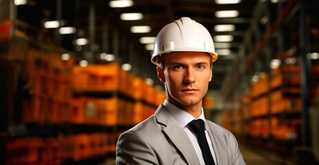 Portrait of a handsome young man in a warehouse. Industrial background.
